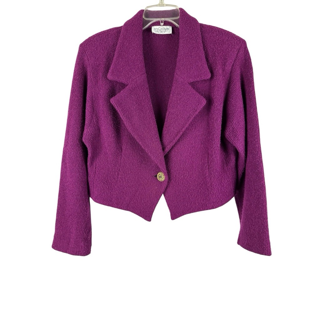 St. John Womens Old Money Wool Knit Crop Jacket Pink Purple L Made In USA